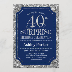 Invitation Surprise 40e fête d'anniversaire - Silver Navy Blu