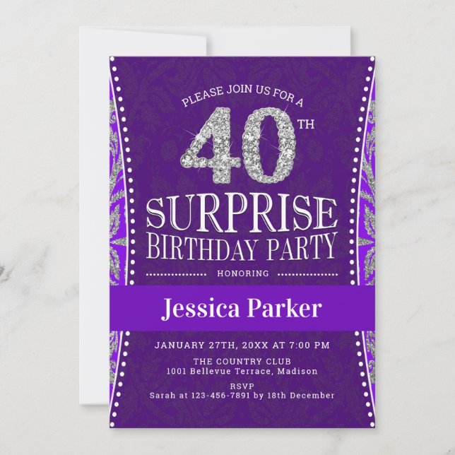 Invitation Surprise 40e fête d'anniversaire - Silver Purple (Devant)