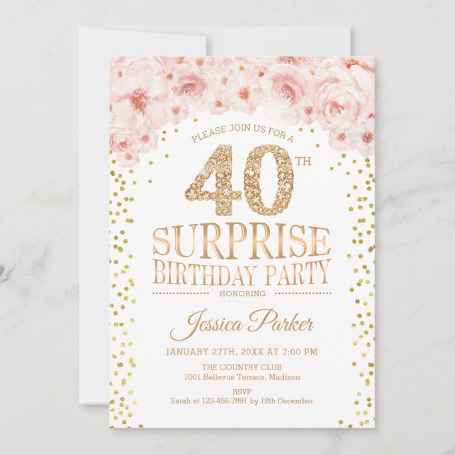 Invitation Surprise 40e fête d'anniversaire - White Gold Pink (Devant)