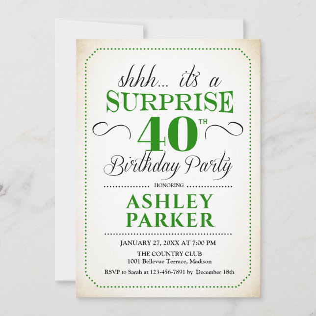 Invitation Surprise 40e fête d'anniversaire - White Green (Devant)