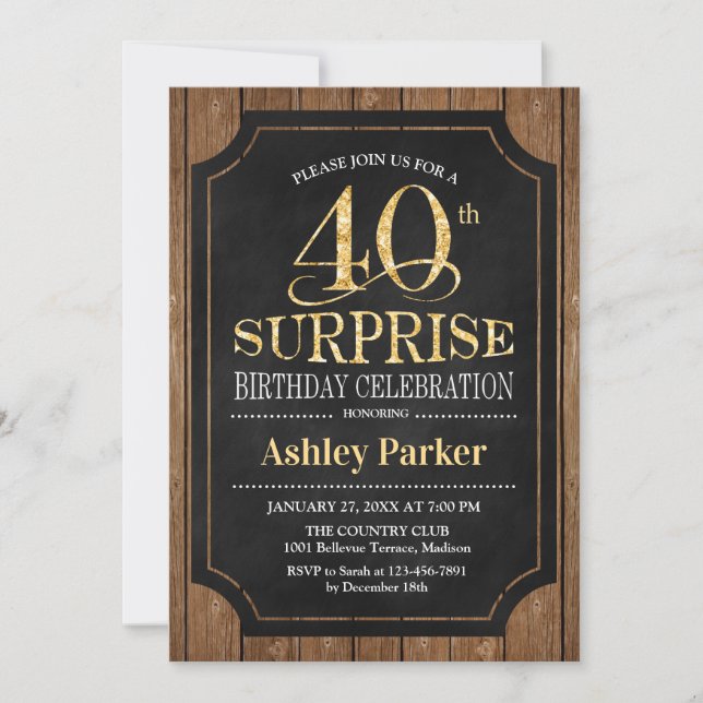 Invitation Surprise 40e fête d'anniversaire - Wood Gold (Devant)