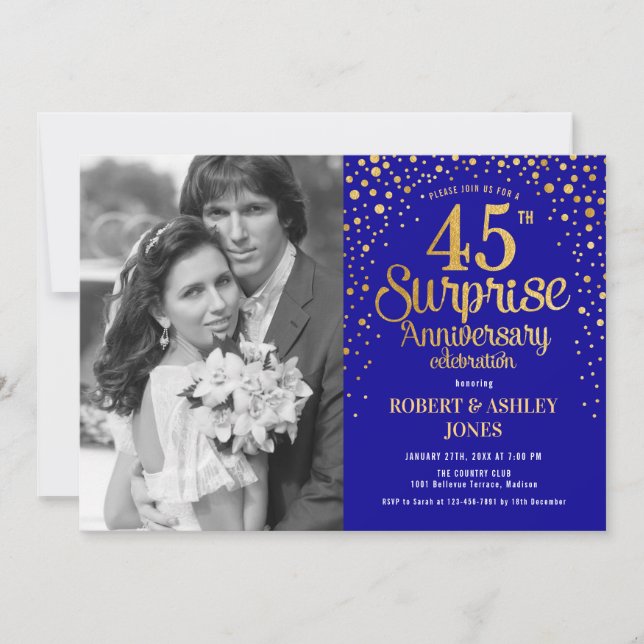Invitation Surprise 45e anniversaire avec photo - Blue Gold (Devant)