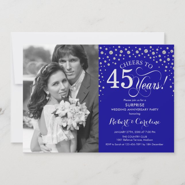 Invitation Surprise 45e anniversaire avec Photo Blue Silver (Devant)