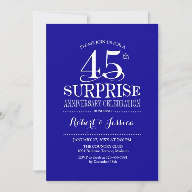 Invitation Surprise 45e anniversaire de mariage - Bleu Blanc (Devant)