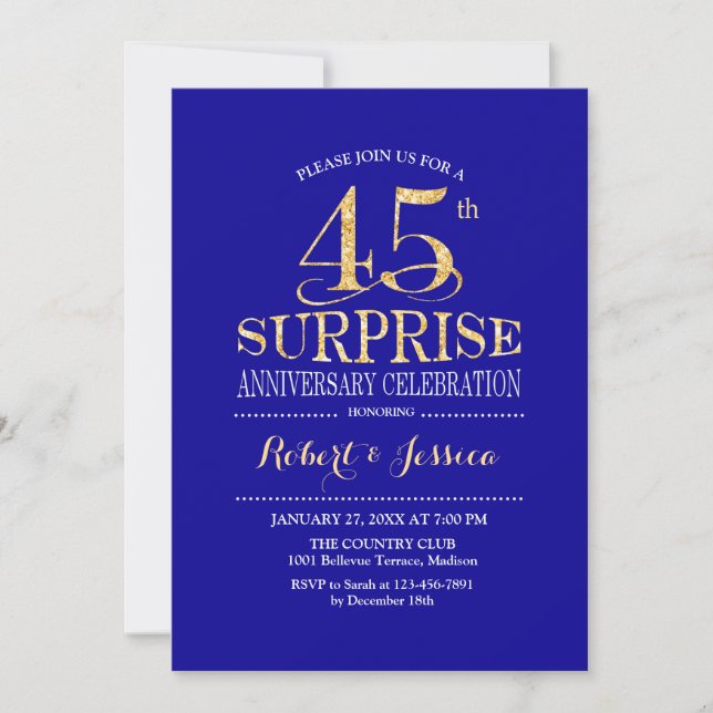 Invitation Surprise 45e anniversaire de mariage - Bleu Or (Devant)