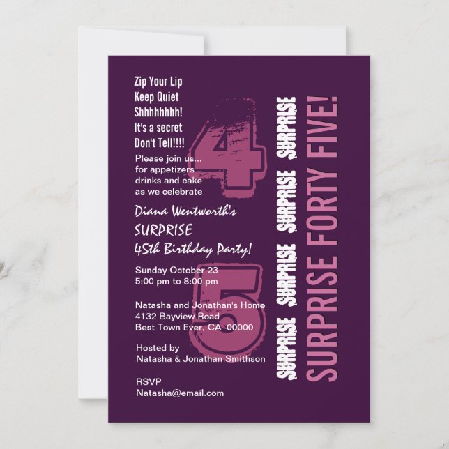 Invitation SURPRISE 45e anniversaire moderne violet et rose (Devant)