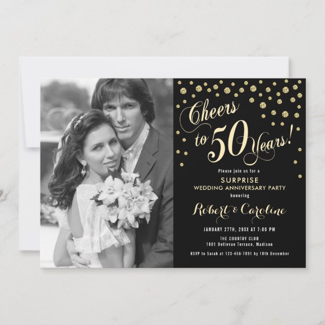 Invitation Surprise 50e anniversaire avec photo - Or Noir (Devant)