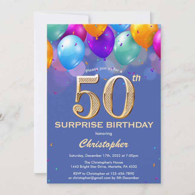 Invitation Surprise 50e anniversaire Ballons bleu et or (Devant)