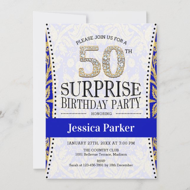 Invitation Surprise 50e anniversaire - Blanc Gold Royal Blue (Devant)