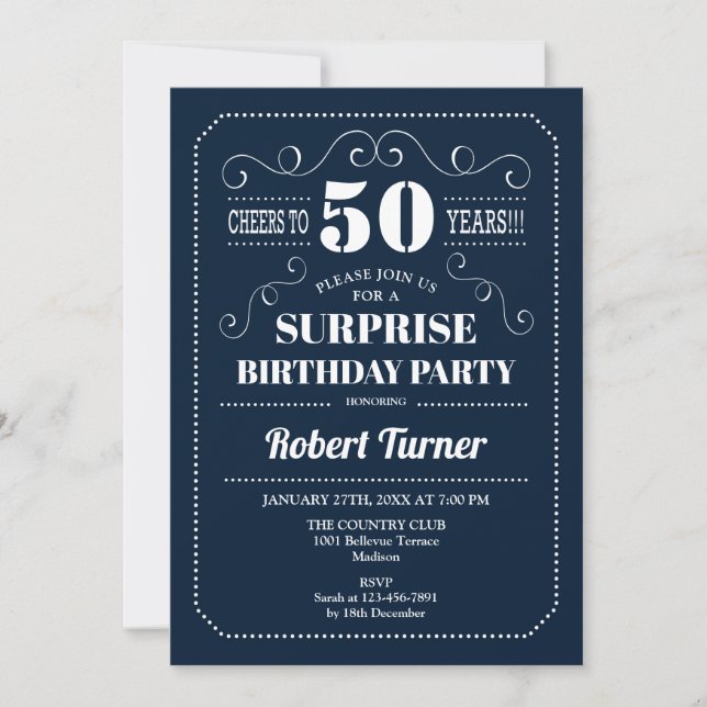 Invitation Surprise 50e anniversaire - Bleu bleu marine (Devant)