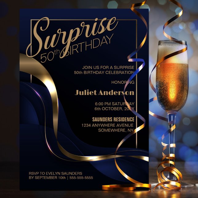 Invitation Surprise 50e anniversaire Blue Gold Party Invitati (Créateur téléchargé)