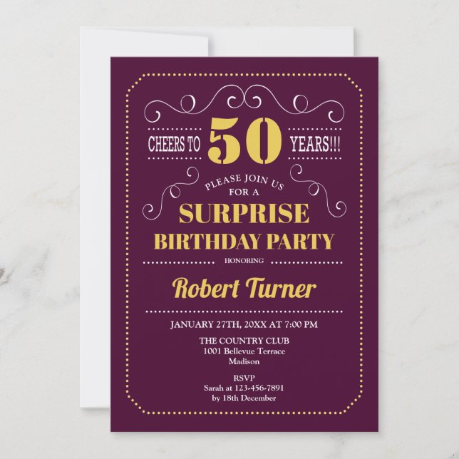Invitation Surprise 50e anniversaire - Bourgogne Gold (Devant)