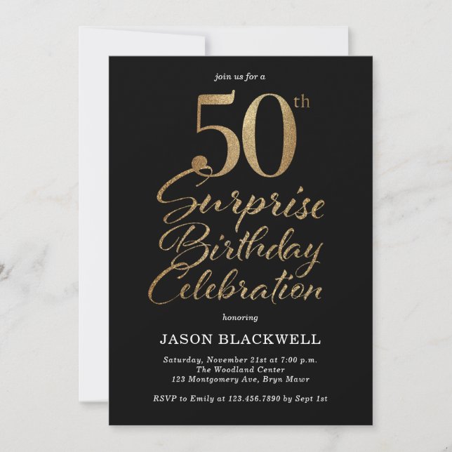 Invitation Surprise 50e anniversaire Célébration Black & Gold (Devant)