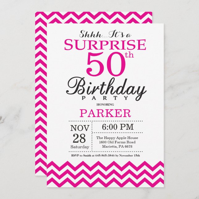 Invitation surprise 50e anniversaire Chevron rose  (Devant / Derrière)