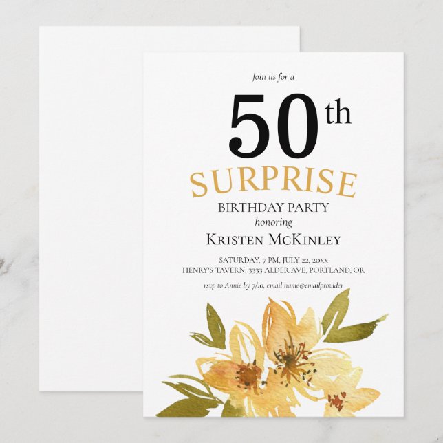 Invitation Surprise 50e anniversaire de floraison jaune noir (Devant / Derrière)