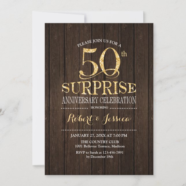 Invitation Surprise 50e anniversaire de mariage Bois Or (Devant)