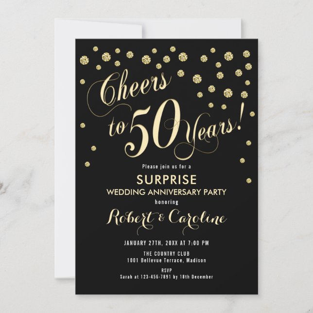 Invitation Surprise 50e anniversaire de mariage - Noir et or (Devant)