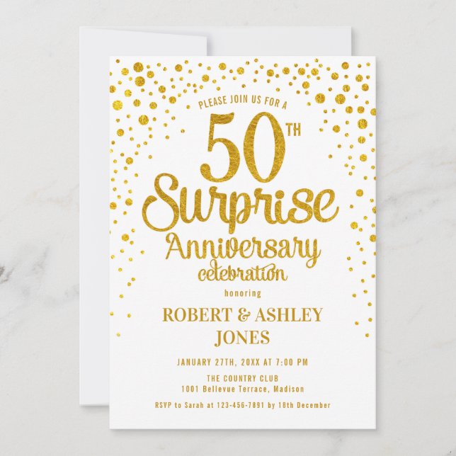 Invitation Surprise 50e anniversaire de mariage - Or et blanc (Devant)