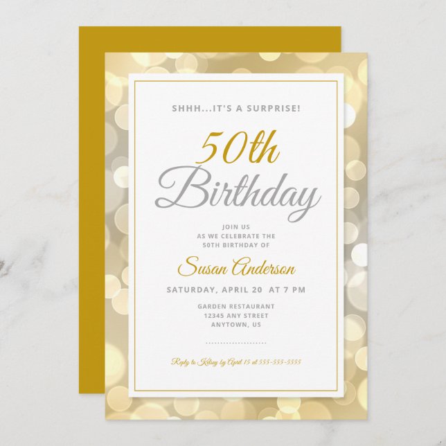 Invitation Surprise 50e anniversaire | Gold Bokeh (Devant / Derrière)