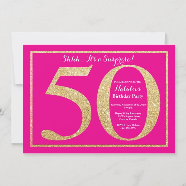 Invitation Surprise 50e anniversaire Hot rose et Parties scin (Devant)