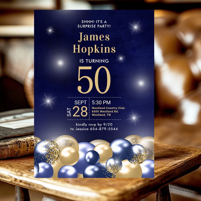 Invitation Surprise 50e anniversaire Marine Blue Gold Ballons (Créateur téléchargé)