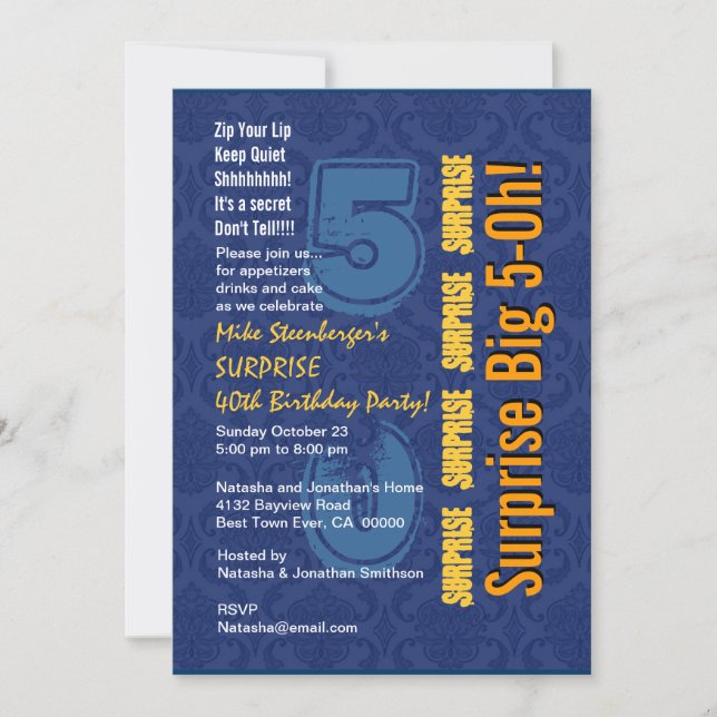 Invitation SURPRISE 50e anniversaire moderne Blue and Gold R4 (Devant)