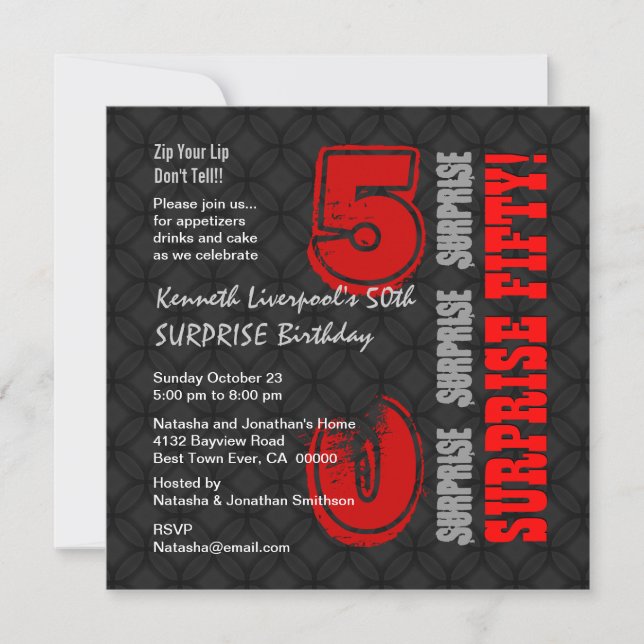 Invitation SURPRISE 50e anniversaire moderne Noir rouge W587 (Devant)