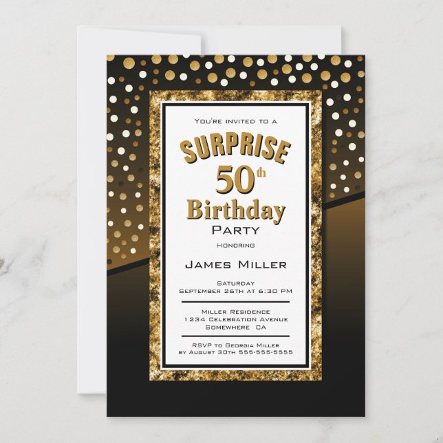 Invitation Surprise 50e anniversaire Noir et Or (Devant)
