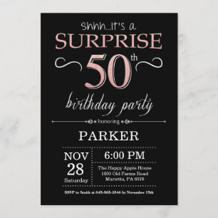 Invitation Surprise 50e Anniversaire Noir et Rose Or Rose