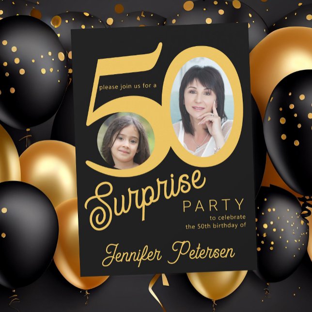 Invitation Surprise 50e anniversaire or photo noir (Créateur téléchargé)