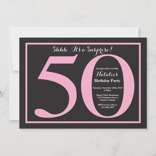 Invitation Surprise 50e anniversaire Pink and Black Chalkboar (Devant)
