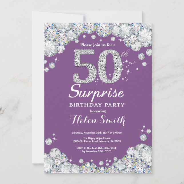 Invitation Surprise 50e anniversaire Purple et Silver Diamond (Devant)