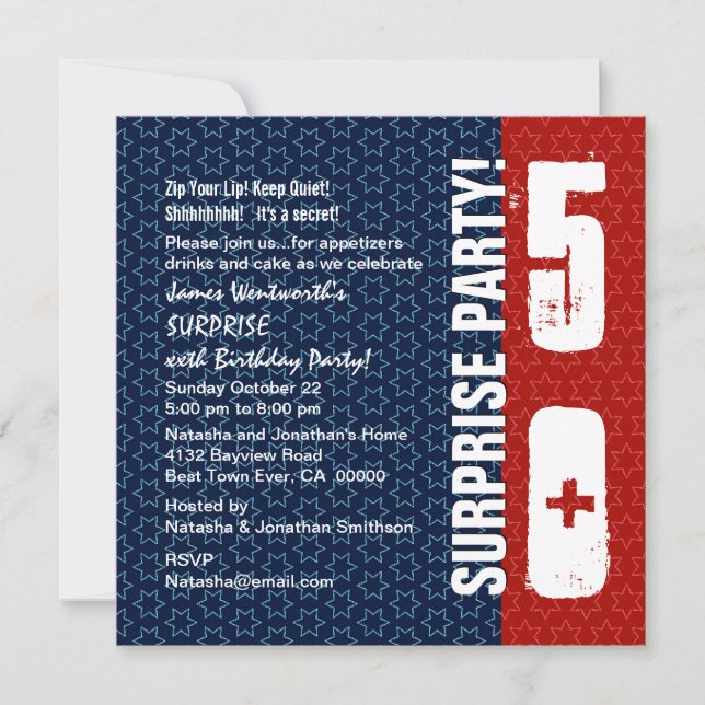Invitation SURPRISE 50e anniversaire Red White Blue Stars (Devant)