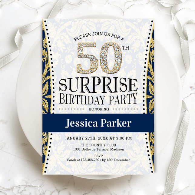 Invitation Surprise 50e anniversaire - White Gold Navy (Créateur téléchargé)