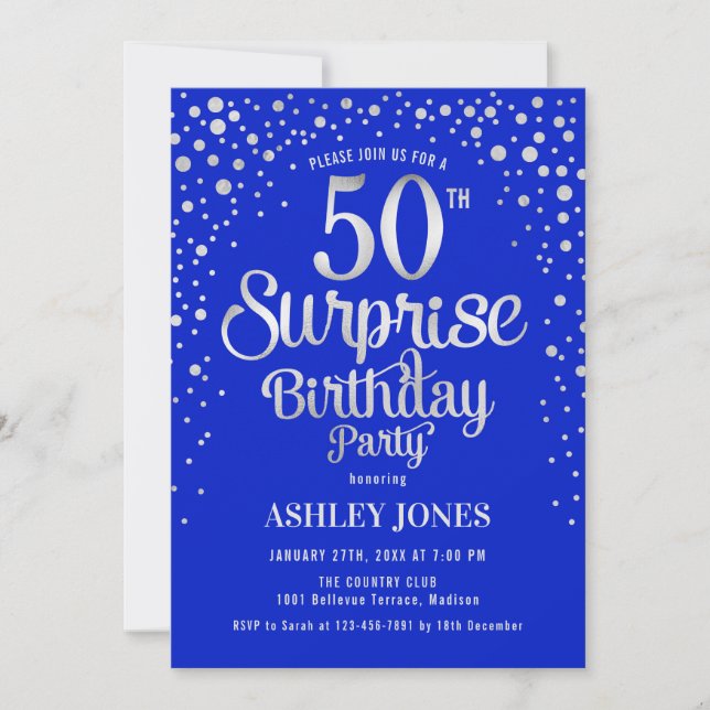 Invitation Surprise 50e fête d'anniversaire - Argent & Royal  (Devant)