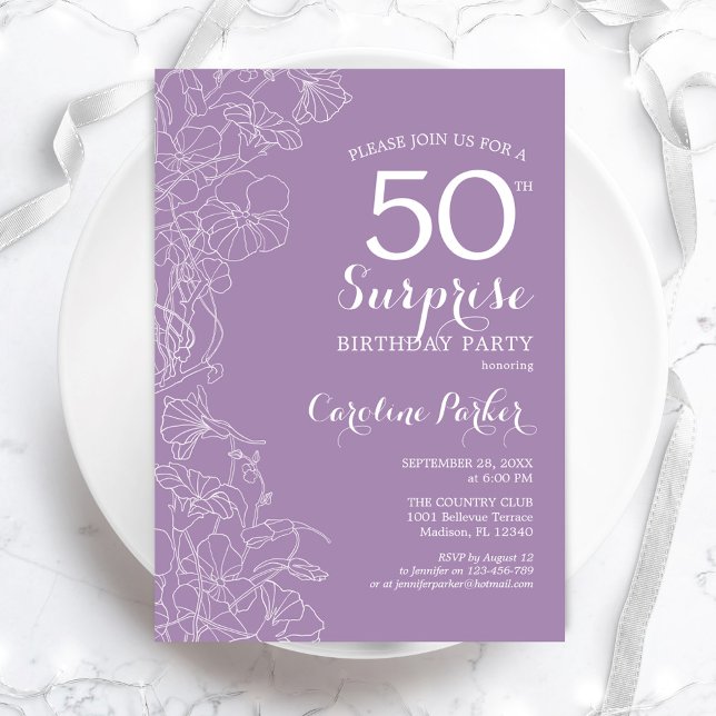Invitation Surprise 50e fête d'anniversaire - Floral violet (Créateur téléchargé)