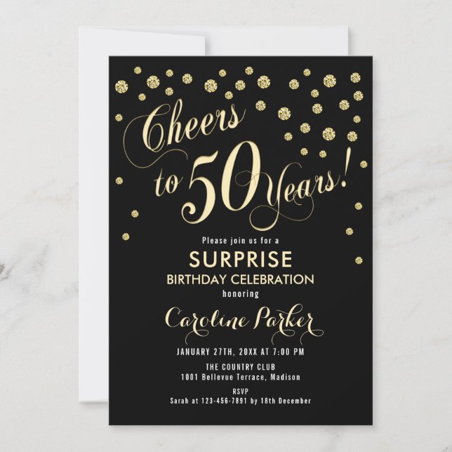 Invitation Surprise 50e fête d'anniversaire - Gold Black (Devant)