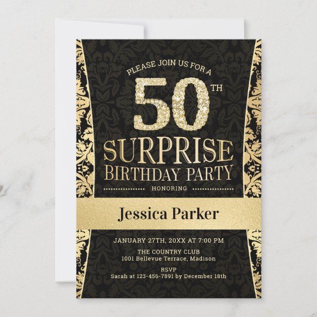 Invitation Surprise 50e fête d'anniversaire - Gold Black (Devant)