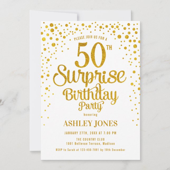 Invitation Surprise 50e fête d'anniversaire - Gold & White (Devant)