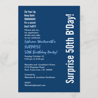 Invitation SURPRISE 50e fête d'anniversaire moderne bleu et b