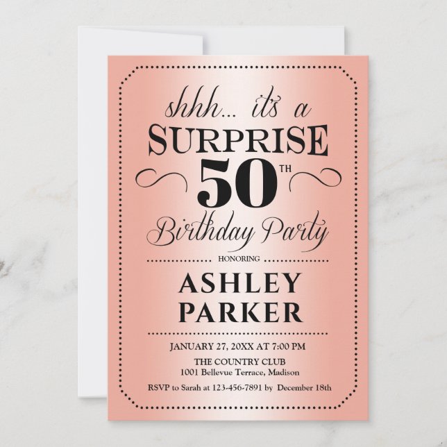 Invitation Surprise 50e fête d'anniversaire - Rose Gold (Devant)