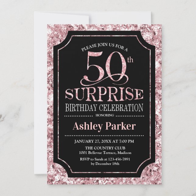 Invitation Surprise 50e fête d'anniversaire - Rose Gold Black (Devant)