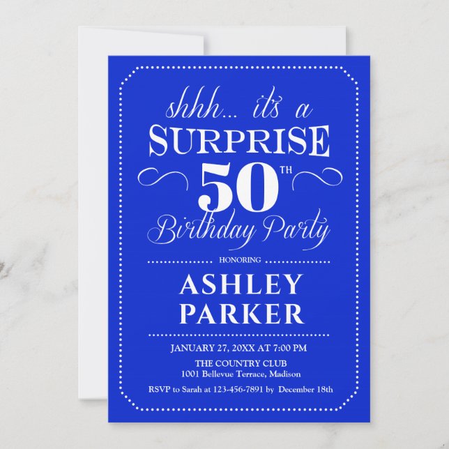 Invitation Surprise 50e fête d'anniversaire - Royal Blue Whit (Devant)