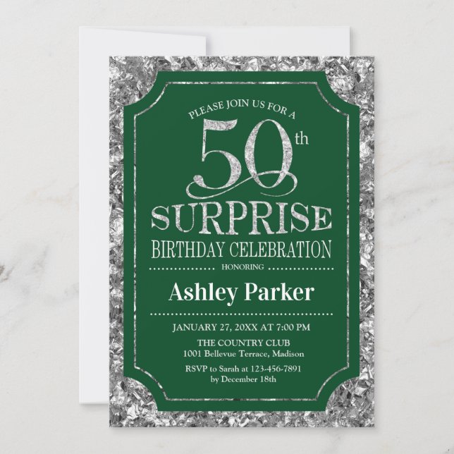 Invitation Surprise 50e fête d'anniversaire - Silver Green (Devant)