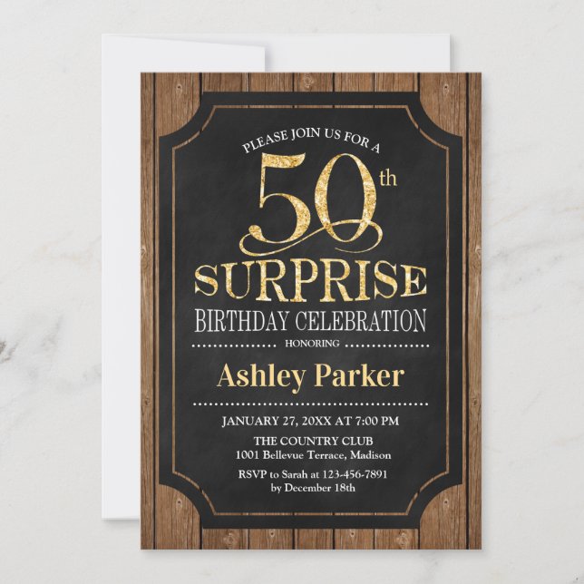 Invitation Surprise 50e fête d'anniversaire - Wood Gold (Devant)