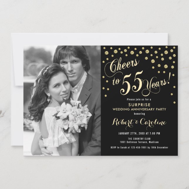 Invitation Surprise 55e anniversaire avec photo - Or Noir (Devant)