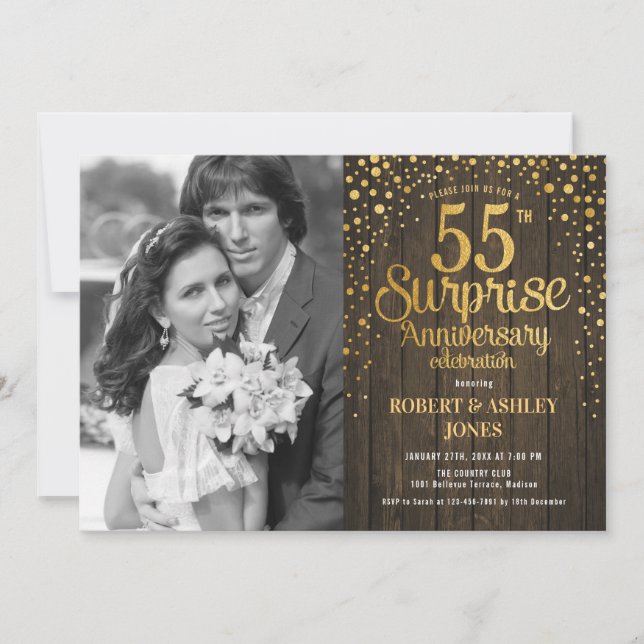 Invitation Surprise 55e anniversaire avec photo - Wood Gold (Devant)