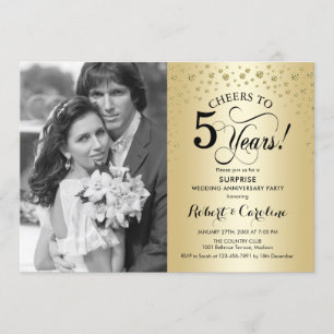 Invitation Surprise 5e anniversaire avec photo or noir