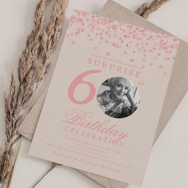Invitation SURPRISE 60 Anniversaire Rose Gold Confetti Champa (SURPRISE 60 Birthday Rose Gold Confetti Champagne Invitation)
