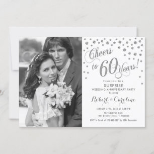 Invitation Surprise 60e anniversaire avec photo argent blanc